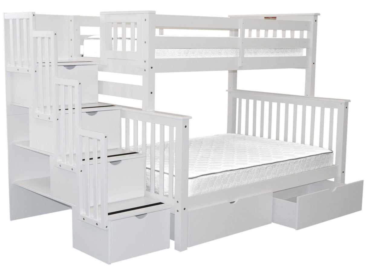 Bedz King Stairway Bunk Beds Twin over Full with 4 Drawers in the Steps and 2 Under Bed Drawers, White Bedz King