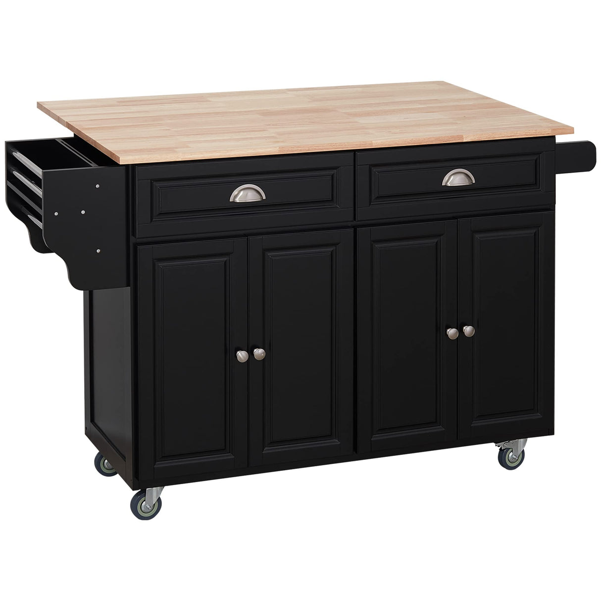 HOMCOM Rolling Kitchen Island Drop Leaf, Kitchen Cart on Wheels, Solid Wood Top Breakfast Nook with Storage Drawers, 4-Door Cabinets and Spice Rack, Black HOMCOM