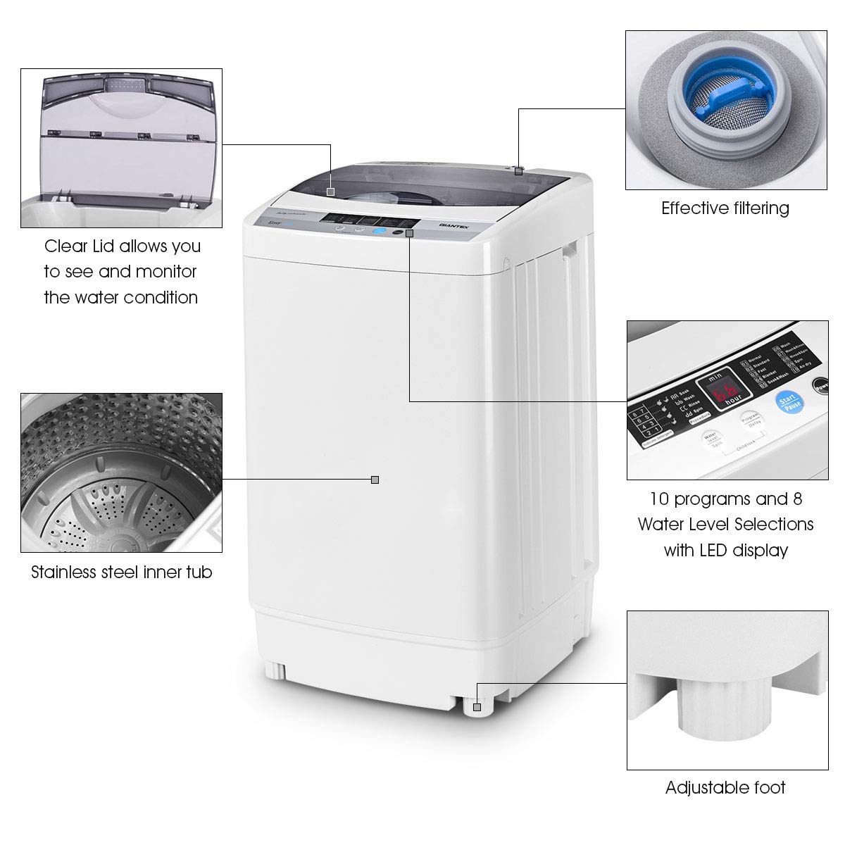 Giantex Full-Automatic Washing Machine Portable Compact 1.34 Cu.ft Laundry Washer Spin with Drain Pump, 10 programs 8 Water Level Selections with LED Display 12 Lbs Capacity Giantex