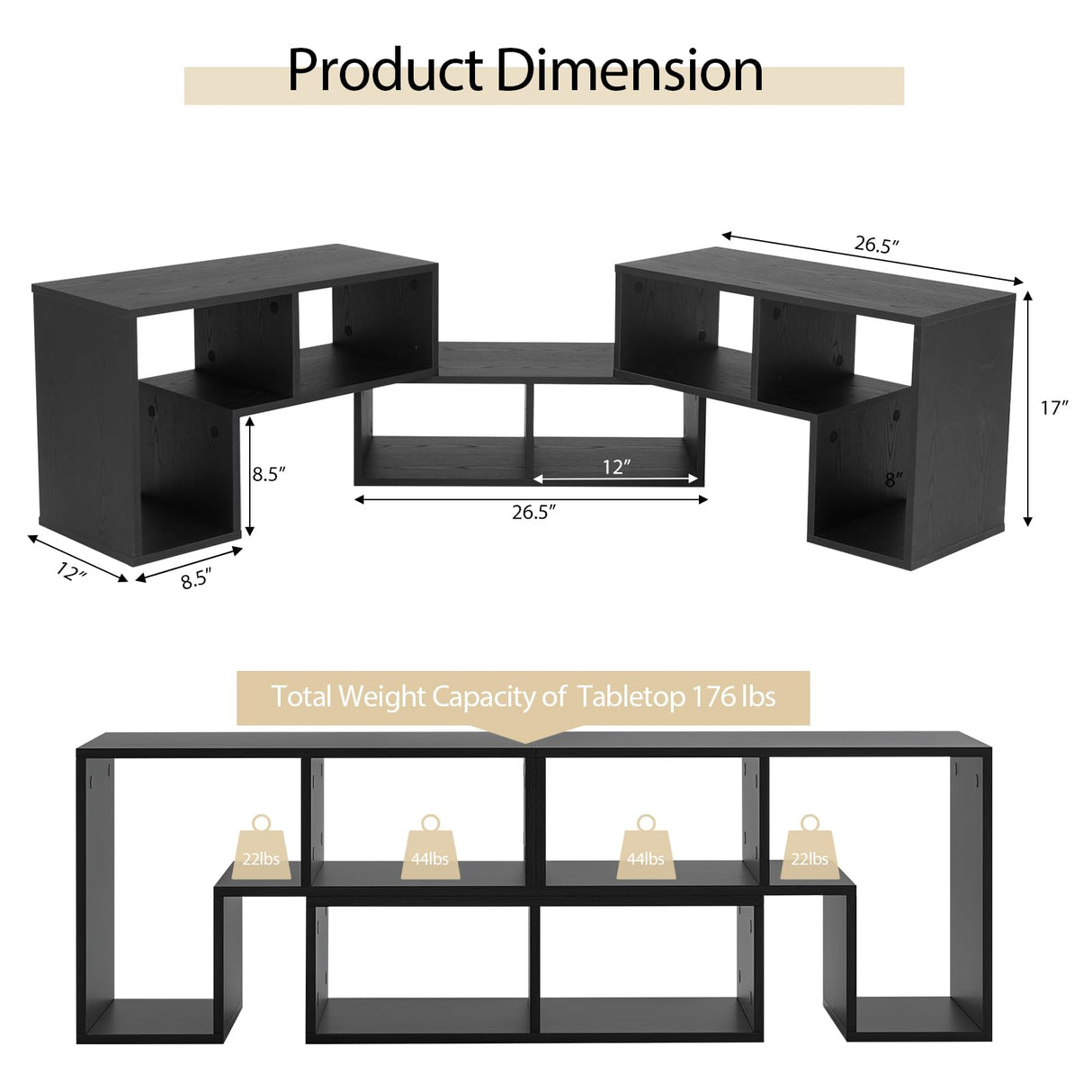 Tangkula 3 Pieces Console TV Stand, Free-Combination Entertainment Center for 50 55 60 65 Inch TV, Minimalist Modern TV Table Media Stand, DIY Open Storage Bookcase for Living Room (Black Wood Grain) Tangkula