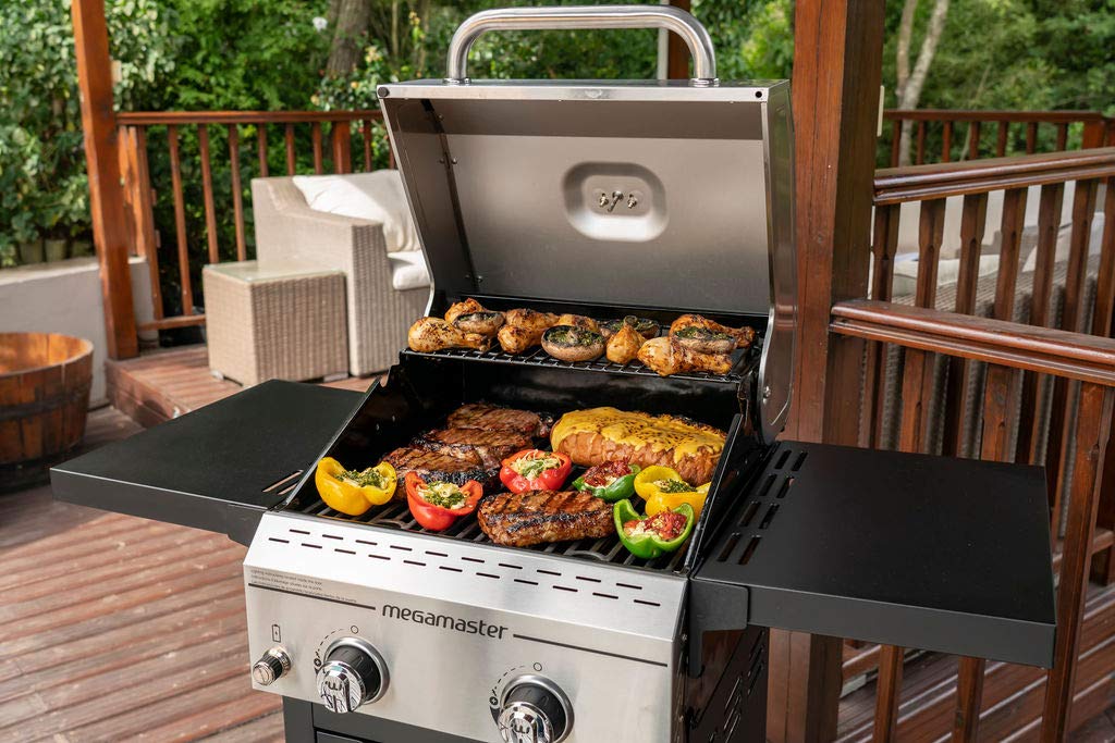 Megamaster 2-Burner Propane Barbecue Gas Grill with Foldable Side Tables, Perfect for Camping, Outdoor Cooking, Patio, Garden Barbecue Grill, 28000 BTUs, Silver and Black, 720-0864MA Megamaster