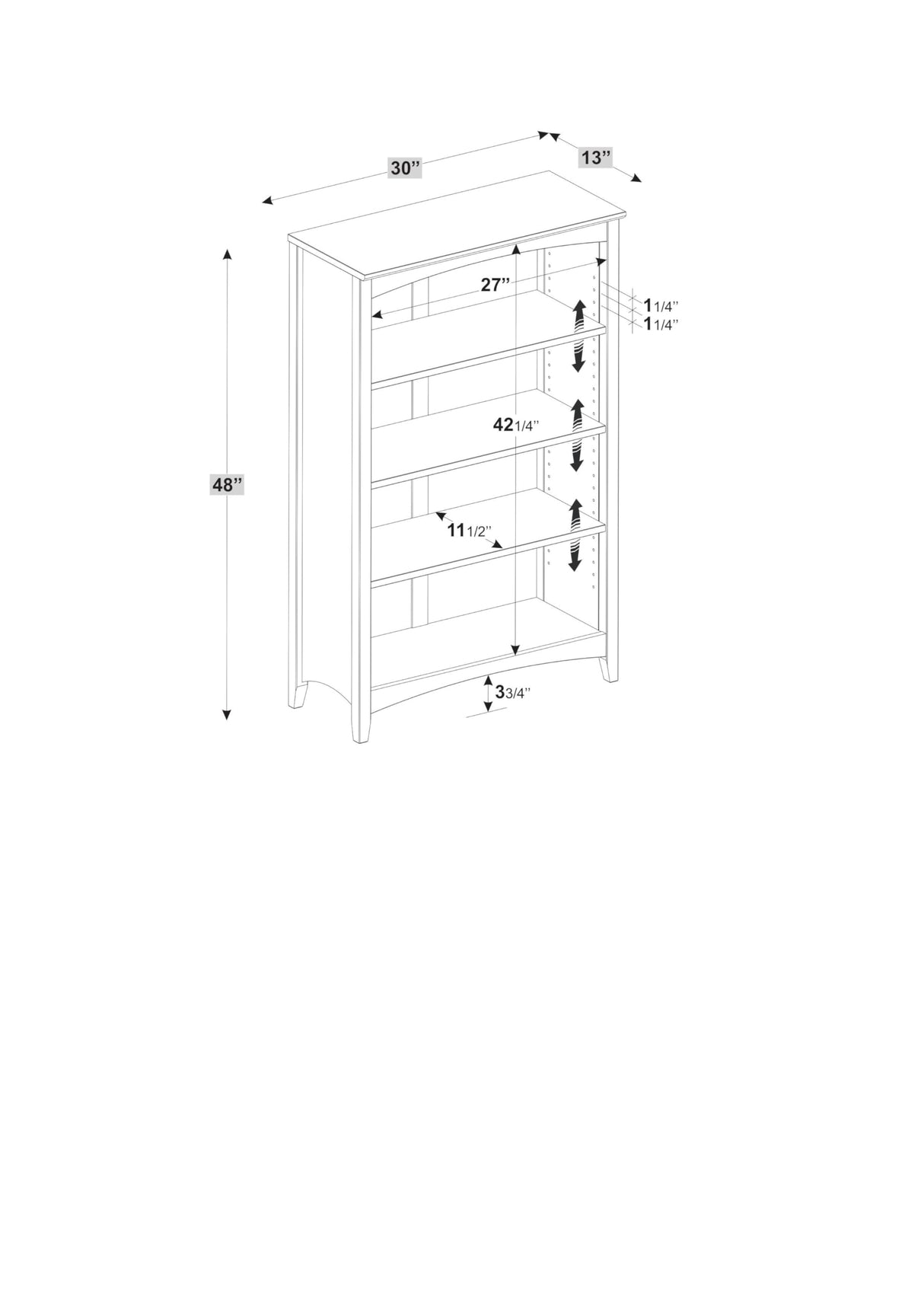 Camaflexi Shaker Style Solid Wood 4-Shelf Bookcase - 48 Inch High Adjustable Display Unit in White Camaflexi