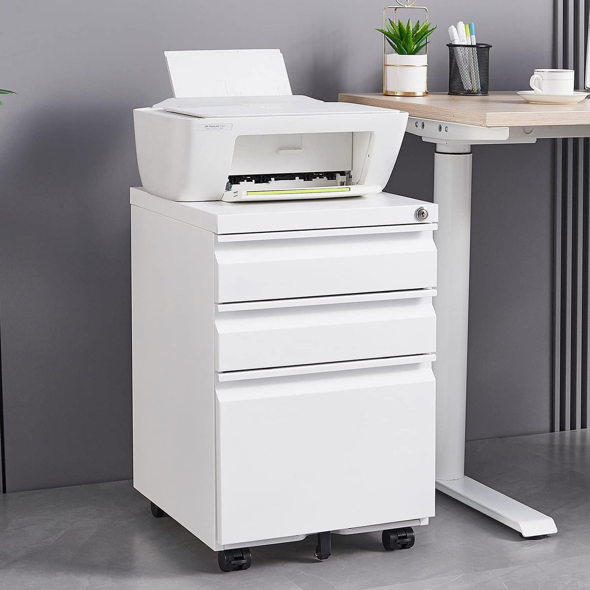 Allouncer 3 Drawer Filing Cabinet with Lock, File Cabinets for Home Office, Locking File Cabinet, Under Desk Mobile File Cabinet for A4-Size/Letter-Size/Legal-Size, White Allouncer