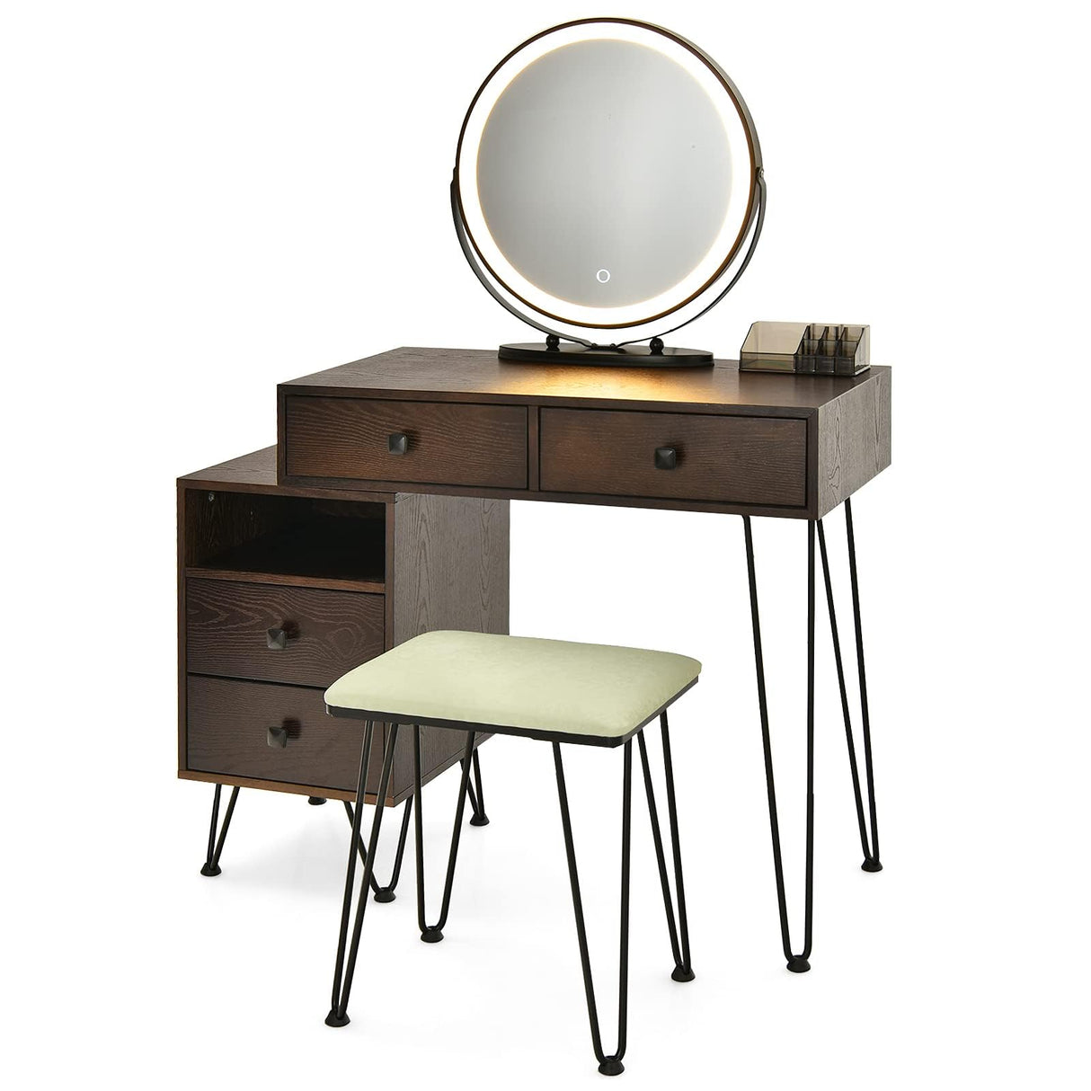 Byroce Vanity Desk w/Lights & Mirror, Makeup Vanity Set w/ 4 Large Drawers & Jewelries Organizer, 3 Color Light Options, Industrial Dressing Table & Stool (Espresso) WoodArtSupply