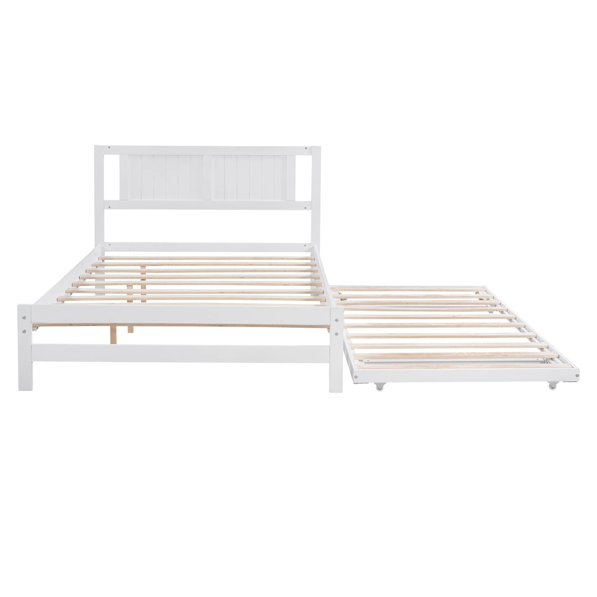 MERITLINE Full Size Bed Frame with Headboard,Wood Full Bed with Adjustable Trundle Bed, Extendable Bed Frame to 2 Beds for Kids Teens Adults (White) MERITLINE