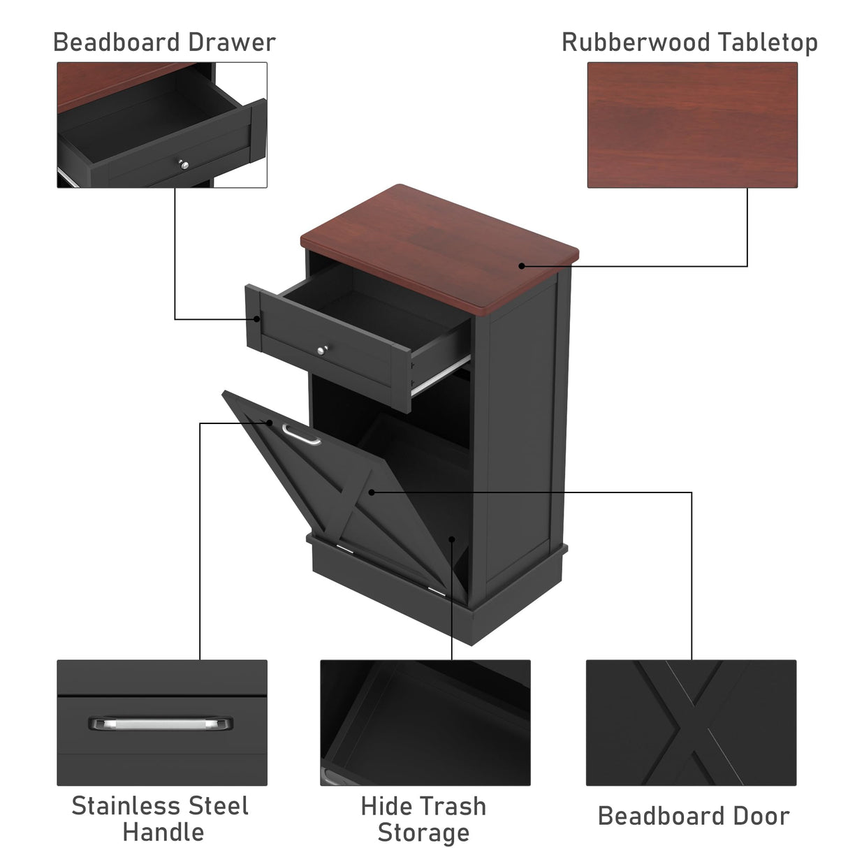 TOLEAD Tilt Out Trash Cabinet,Antique-Style Barn Door Kitchen Island with Solid Wood Tabletop & Drawer, Pet Proof Trash Can, Wood Laundry Cabinet TOLEAD