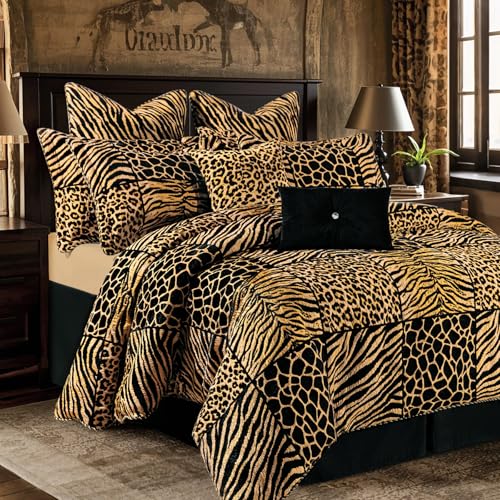 Loom and Mill 8-Piece Safari Comforter Set King Size, Leopard, Tiger, Giraffe, Zebra Animal Print Bedding Set, Patchwork Comforter with Bed Skirt, Euro Shams and Decorative Pillow(Black Gold, King) Loom and Mill