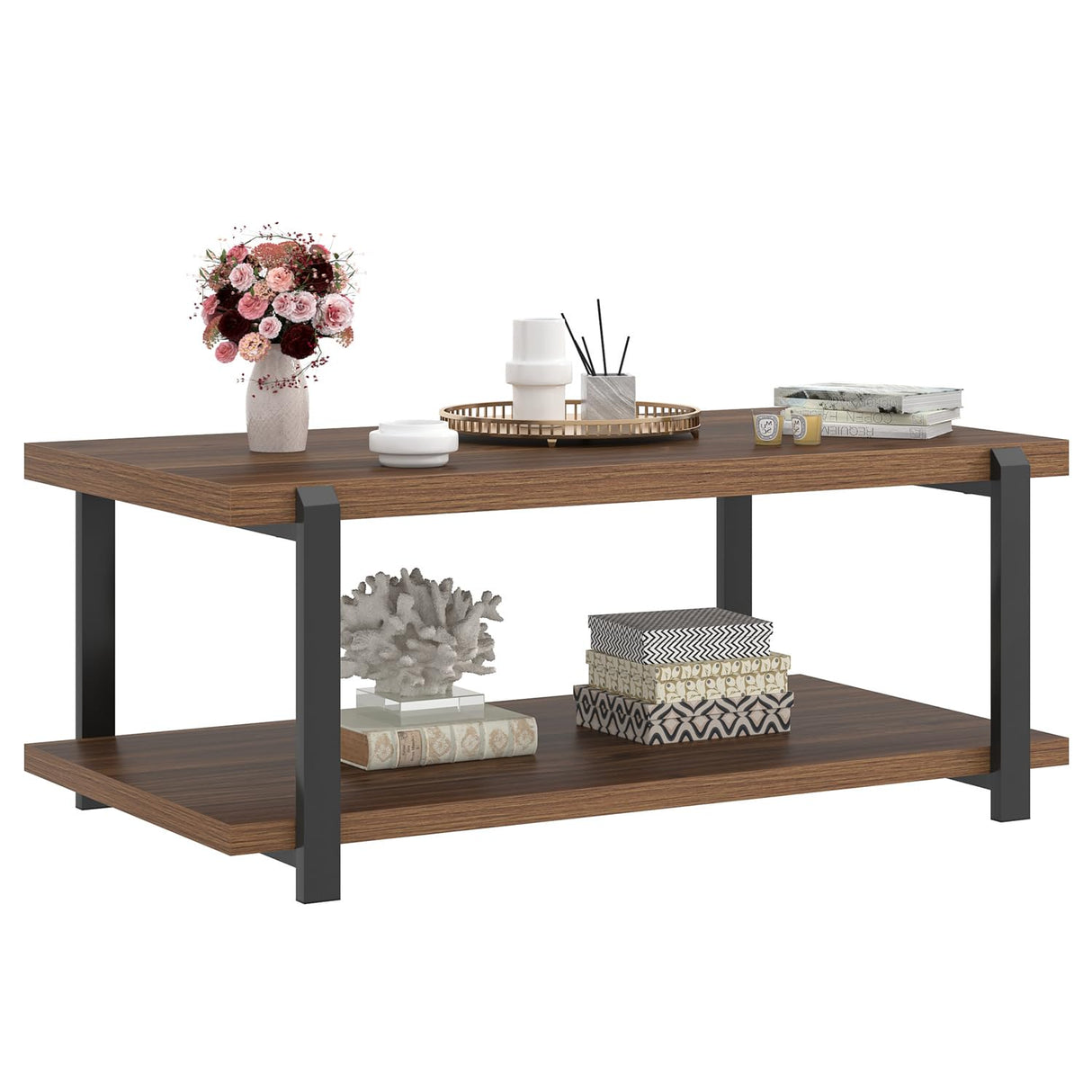 FOLUBAN Modern Coffee Table with Storage Shelf, Rustic Wood Center Table for Living Room, Walnut FOLUBAN