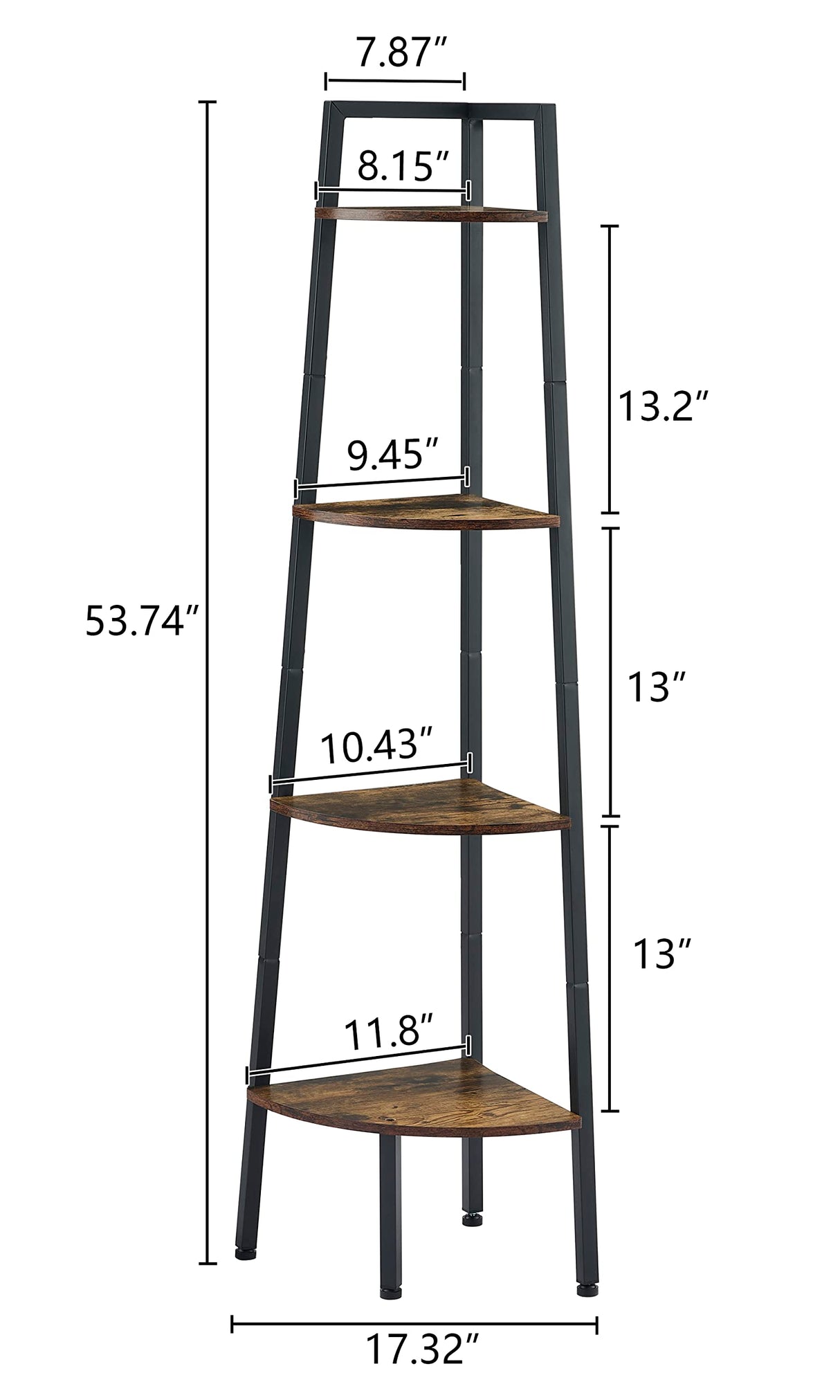 Hoctieon Corner Shelf, 4-Tier Corner Bookshelf, Rustic Corner Ladder Shelf, Industrial Display Shelf for Living Room, Kitchen, Home Office, Balcony, Small Space, Metal Frame, Rustic Brown Hoctieon