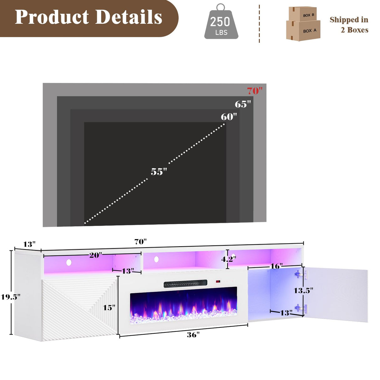 LUXOAK Floating TV Stand with 36" Electric Fireplace, 70 inch Wall Mounted Electric Fireplace Entertainment Center with Storage Space, TV Stand for Living Room for TVs Up to 80", All White LUXOAK