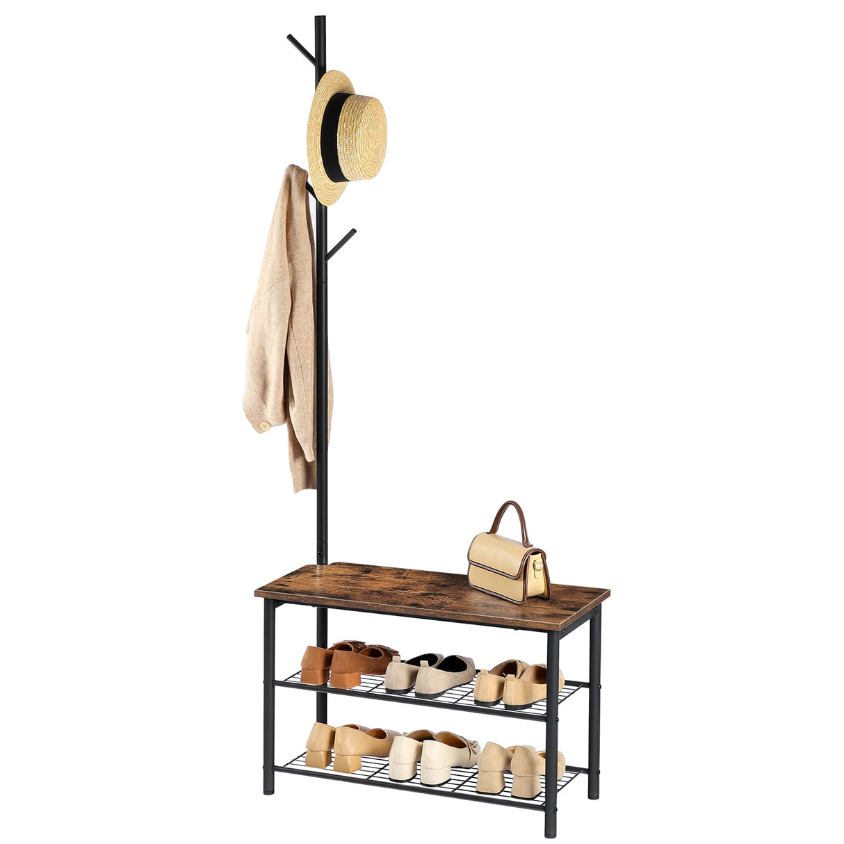 HOOBRO Coat Rack Shoe Bench, 3-Tier Shoe Rack, Industrial Shoe Organizer Storage Bench, Entry Bench with Mesh Shelves, for Entryway, Living Room, Hallway, Easy Assembly, Rustic Brown BF12HX01 HOOBRO