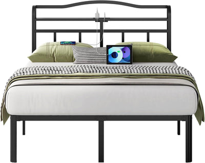 UOMEUR Metal Bed Frame with Headboard and USB & Type C Charging Station, Heavy Duty Metal Bed Frame No Box Spring Needed with Ample Storage Space - Easy Assembly and Noise Free (Black, Queen)