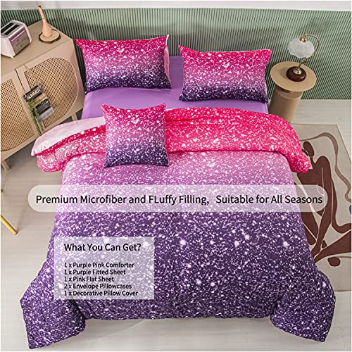 RYNGHIPY 6Pcs Twin Gradient Pink Purple Glitter Comforter Sets for Teens Girls Kids, Colorful Rainbow Glitter Themed Bedding Set RYNGHIPY