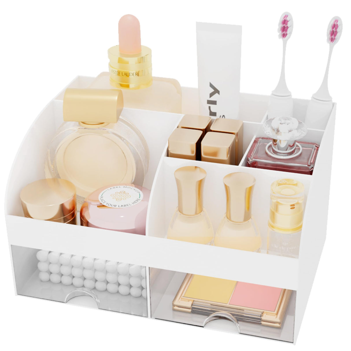 DIRZHX Bathroom Countertop Organizer, Toothbrush Holders for Bathroom, 6 Slots Toothpaste Bath room Counter Sink Organizer with Drawers, Plastic Organizers and Storage for Vanity (White) DIRZHX