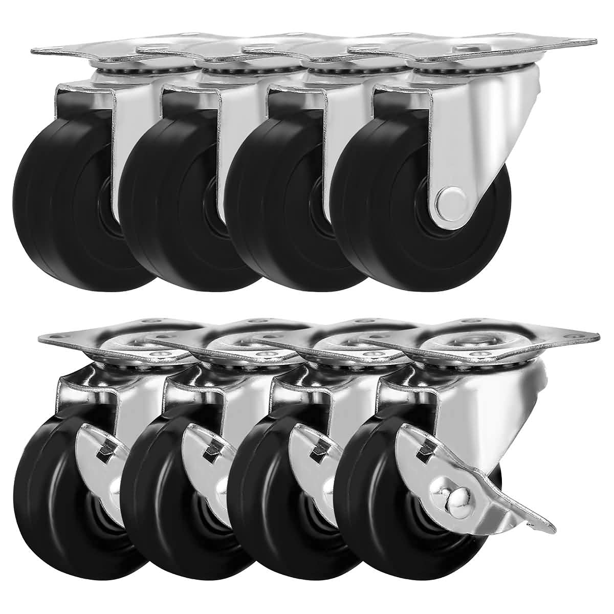 FactorDuty 8 Pack 2" Swivel Caster with Brake Wheels Hard Rubber Base w/Top Plate & Bearing (2" Combo-8 pcs) FactorDuty