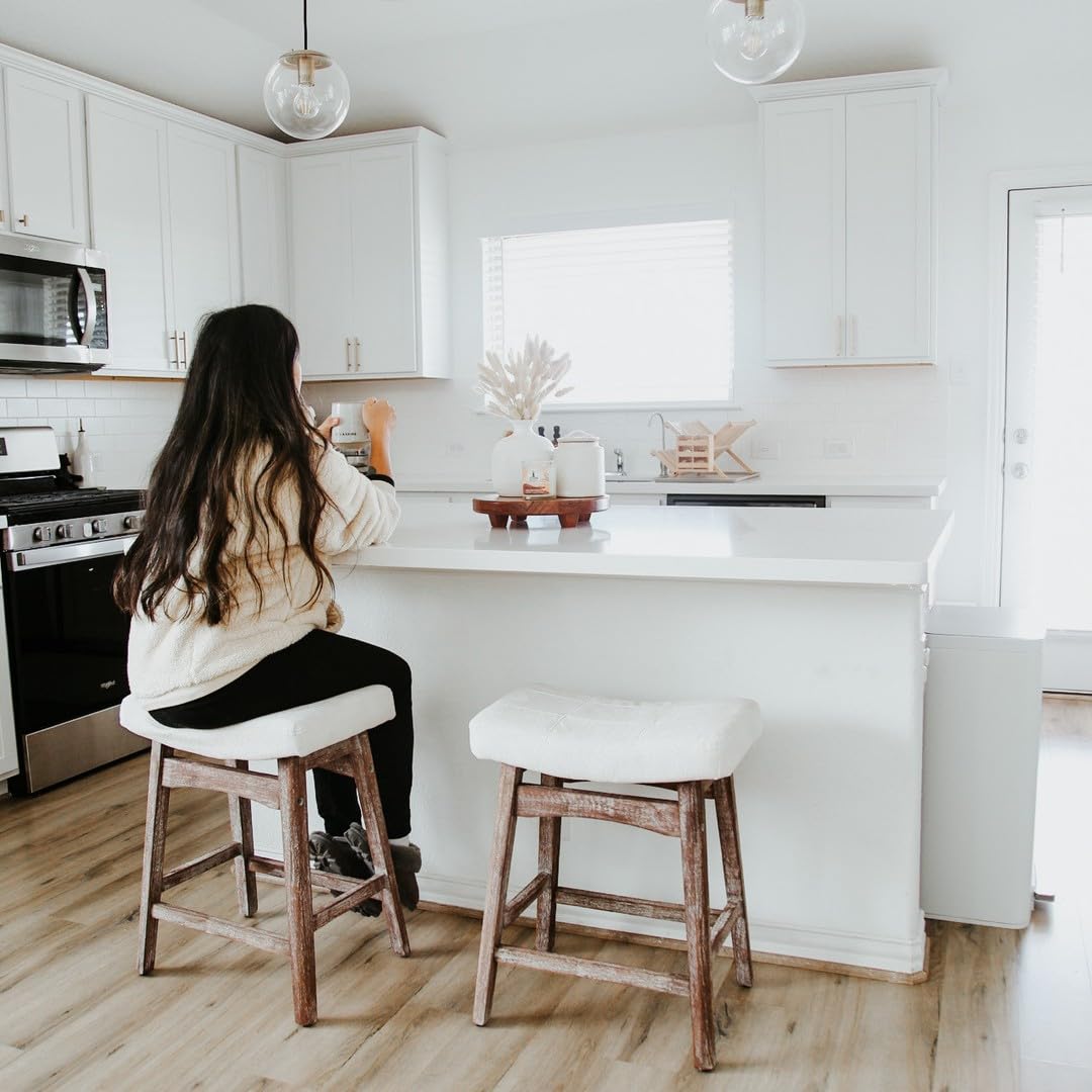 PHI VILLA Farmhouse Bar Stools Set of 2 - Wood Bartools with Upholstered Saddle Seat, 24 inch stools for Kitchen Counter Set of 2 PHI VILLA