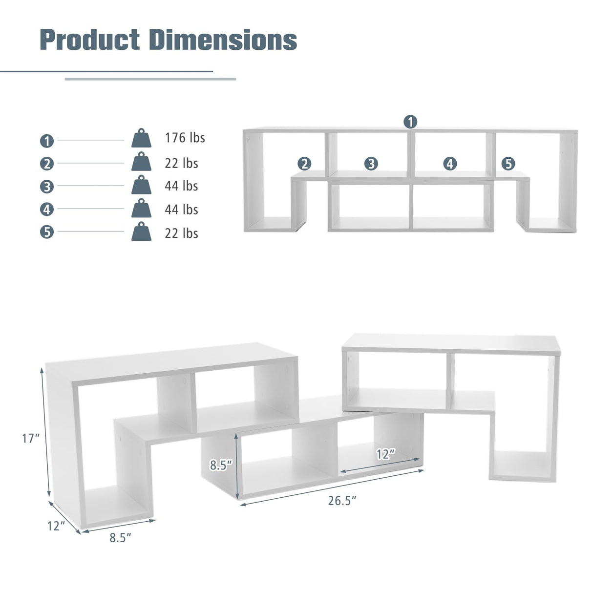 GOFLAME 3 Pieces TV Console Stand, Modern Entertainment Center for 50 55 60 65 Inch Flat Screen TV, Free Combination Bookcase for Storage & Display, Suitable for Living Room, Bedroom (White) GOFLAME