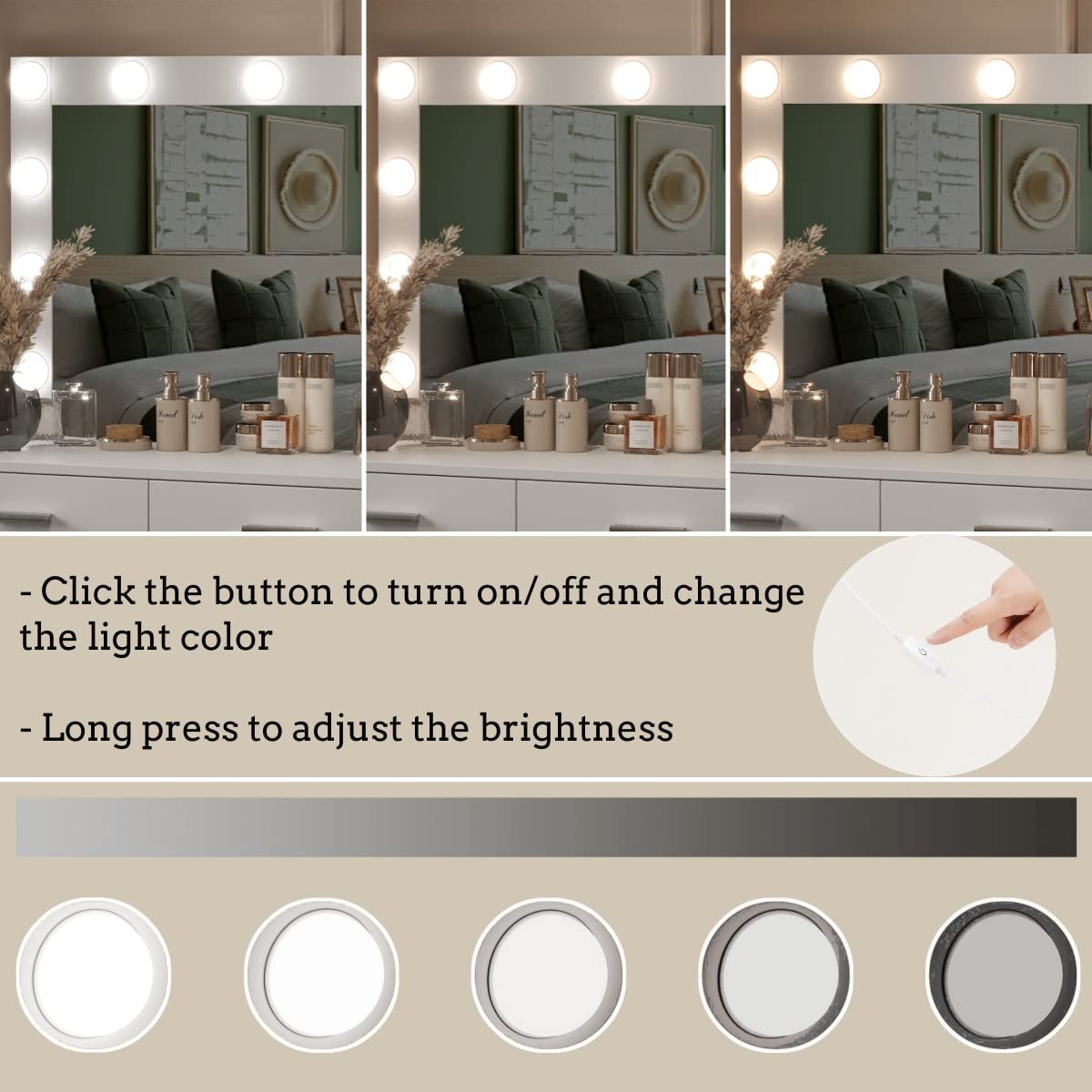 Rovaurx Vanity Table with Mirror & Lights, Farmhouse Makeup Vanity with 10 Necklace Hooks, Vanity Desk with Charging Station, 3 Color Lighting Modes, Door Cabinet, White RSZT112W Rovaurx