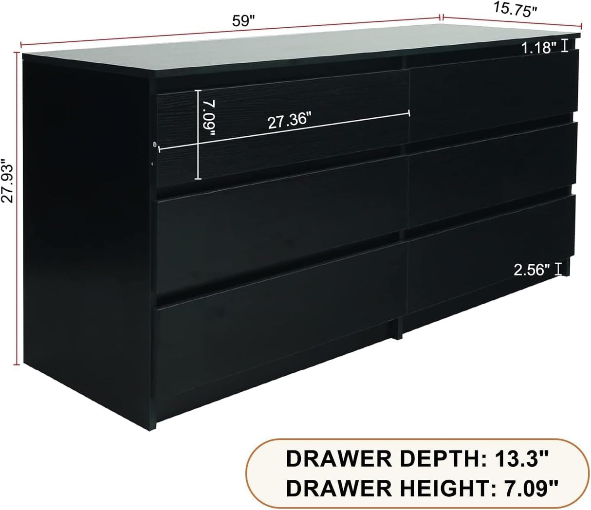 Modern 6 Drawer Dresser for Bedroom, 59'' Black Dresser, Wood Dresser with Handless Design, Thickened Back Panel, Stable & Sturdy Base, Double Drawer Long Dresser, Wide Chest of Drawers for Bedroom Angel Sar
