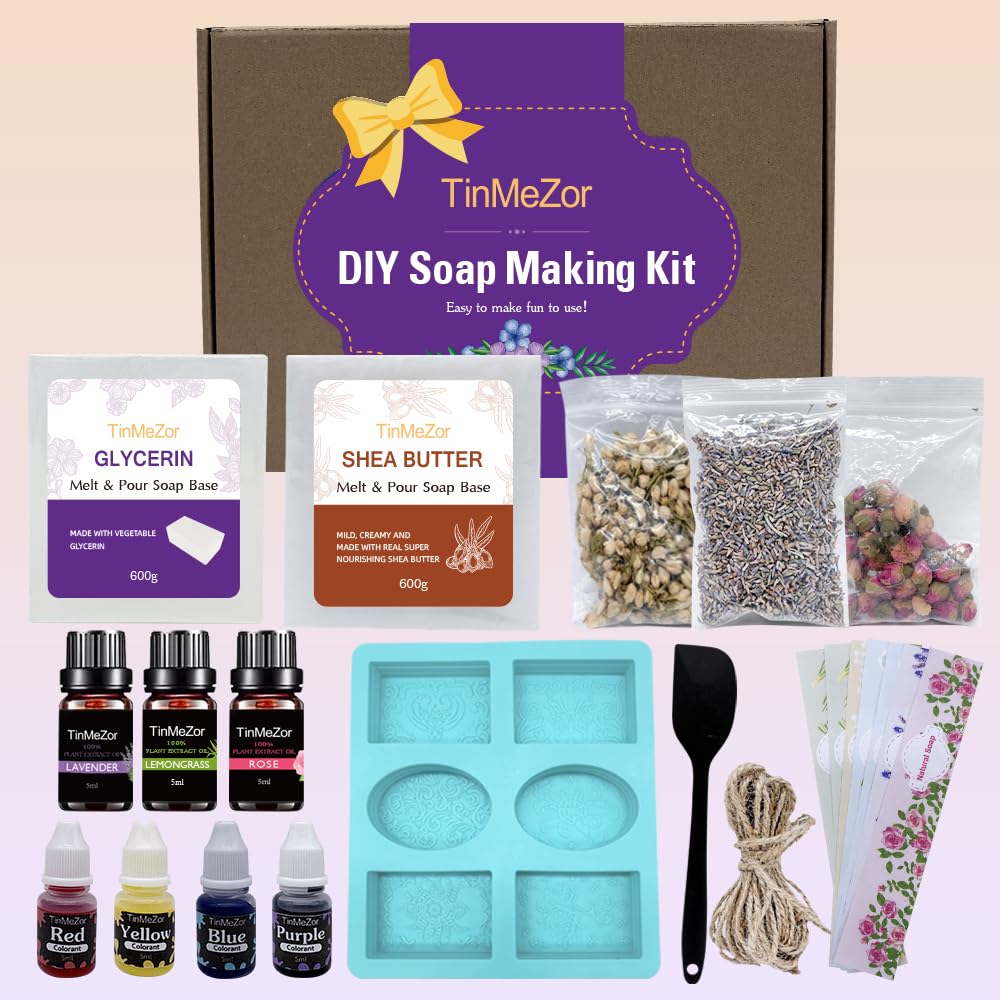 TinMeZor Soap Making Kit for Adults - DIY Natural Soap Supplies Glycerin & Shea Butter Soap Base with Soap Molds, Dried Flowers, Dye and Fragrances- DIY Craft Kit TinMeZor