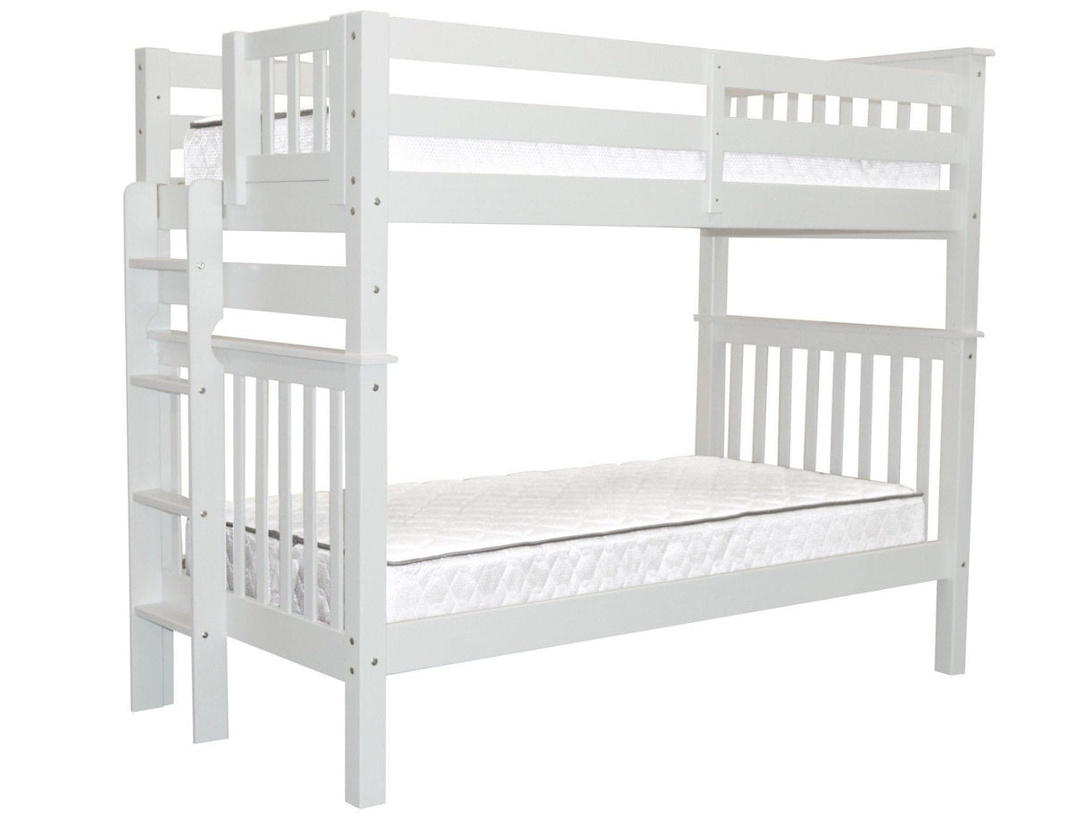 Bedz King Tall Bunk Beds Twin over Twin Mission Style with End Ladder, White Bedz King