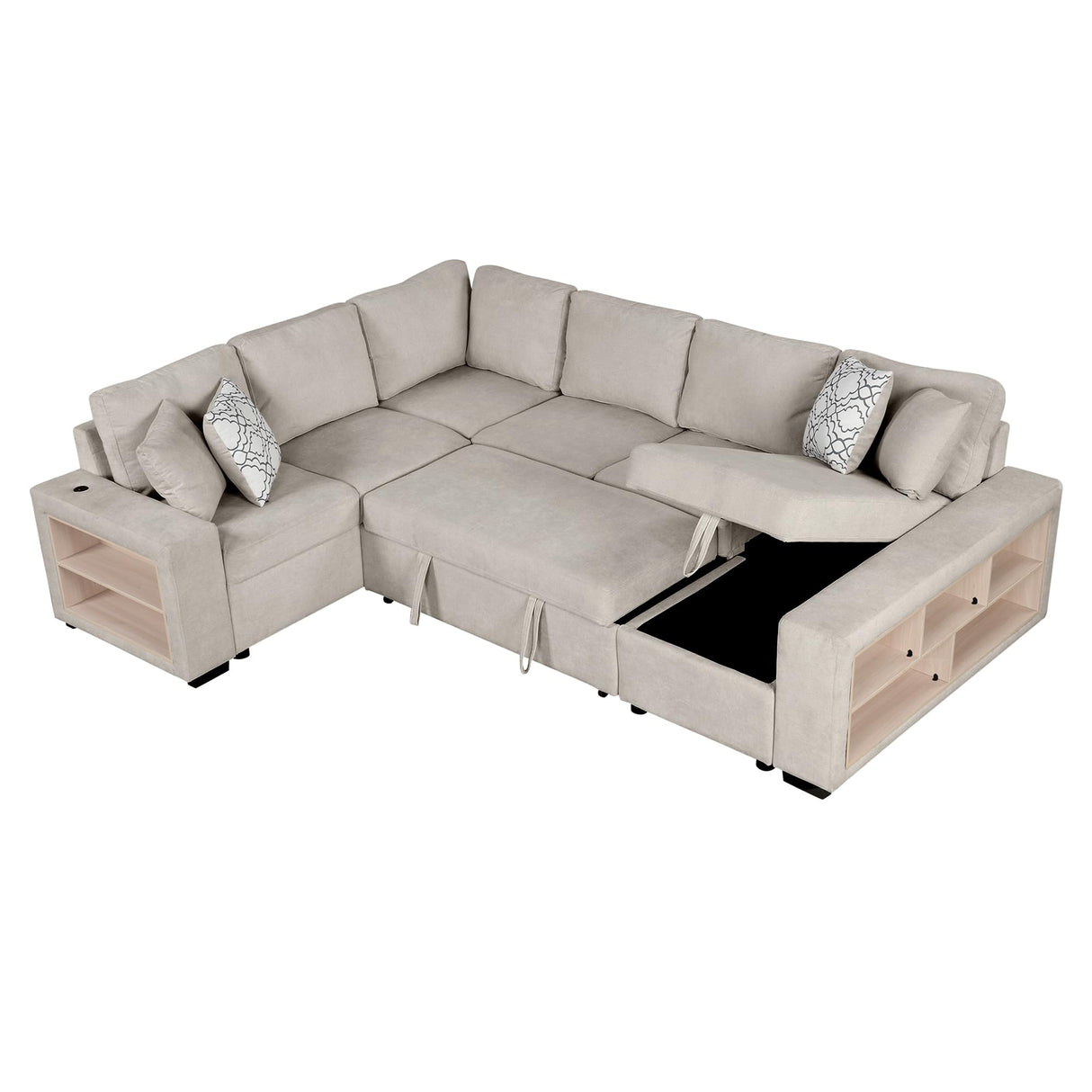 Merax 109" Large Sectional Sleeper Sofa with Pull Out Bed, Storage Chaise/Shelf & USB Ports, Light Grey Oversized 5 Seat U-Shaped Couch Set, Convertible Sofabed for Living Room and Apartment, Beige Merax