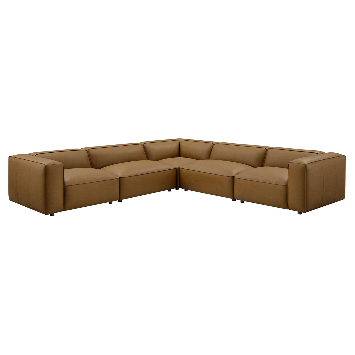 Modway Auren Vegan Leather 5 Piece Modular Sofa in Camel - Faux Leather L Shaped Sectional - Comfy Modern PU Leather Sofa - Oversized Mid Century Modern Couch for Living Room, Apartment Modway