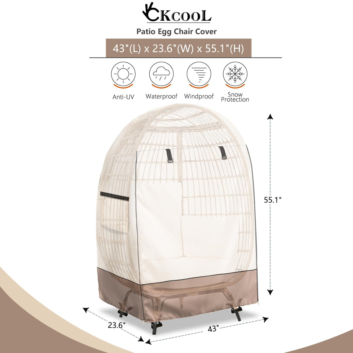okcool Outdoor Egg Chair Cover,Waterproof Egg Chair Cover with Zipper for Wicker Patio Basket Chair(Beige & Brown,Fits 43" L *25" W*55.1" H Egg Chair) okcool