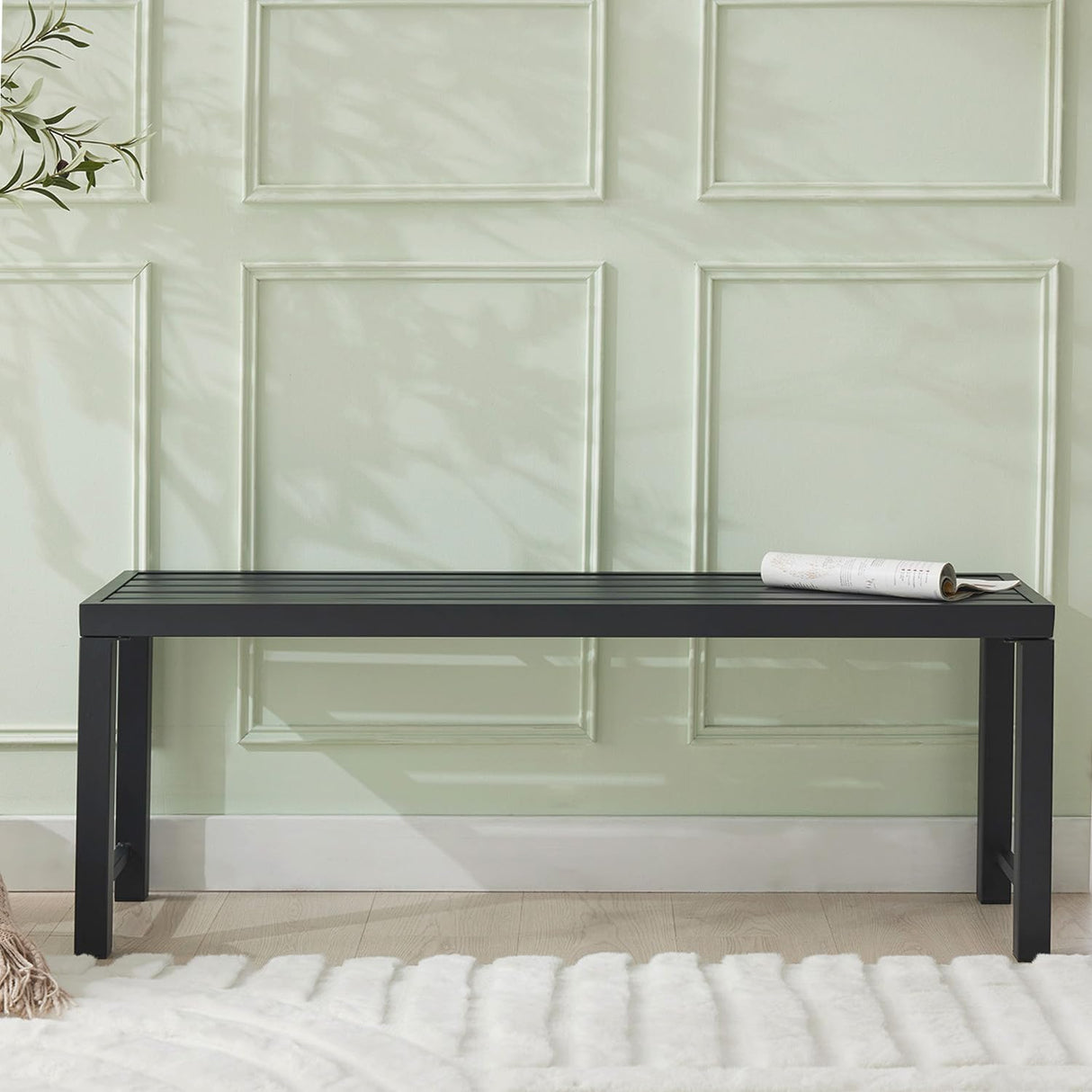 Hanamako Outdoor Metal Backless Bench Weatherproof Patio Bench with Slatted Seat, All-Weather Garden Bench for Porch, Patio, Lawn and Backyard, Black Hanamako