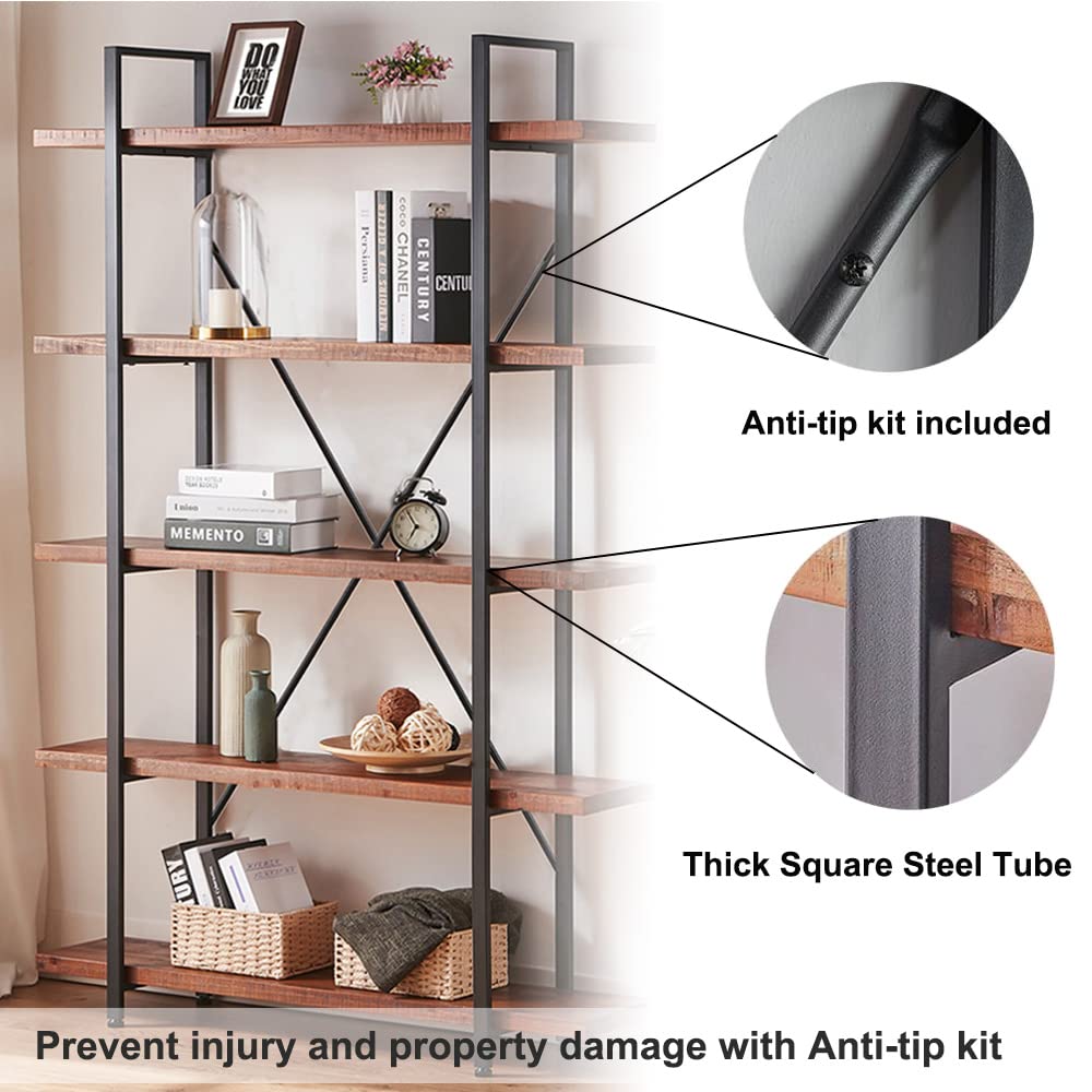 HSH 5-Tier Rustic Wood and Metal Etagere Bookcase - Distressed Brown Farmhouse Style HSH