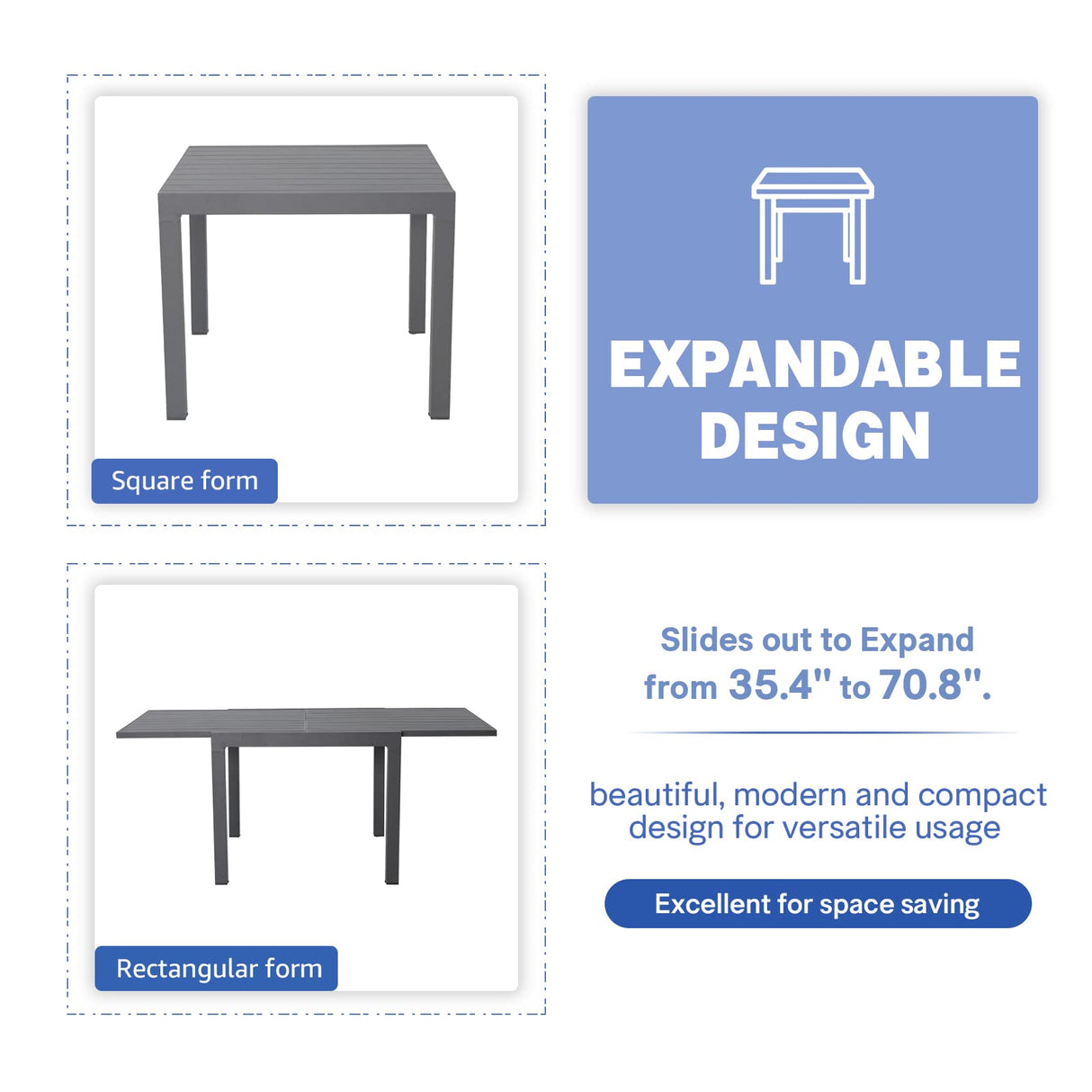 Soleil Jardin 7-Piece Outdoor Patio Dining Set, 35" - 71" Aluminum Expandable Outdoor Dining Table Set for 6, 6 Stackable Chairs with Gray Removable Cushions, Dark-Grey Soleil Jardin