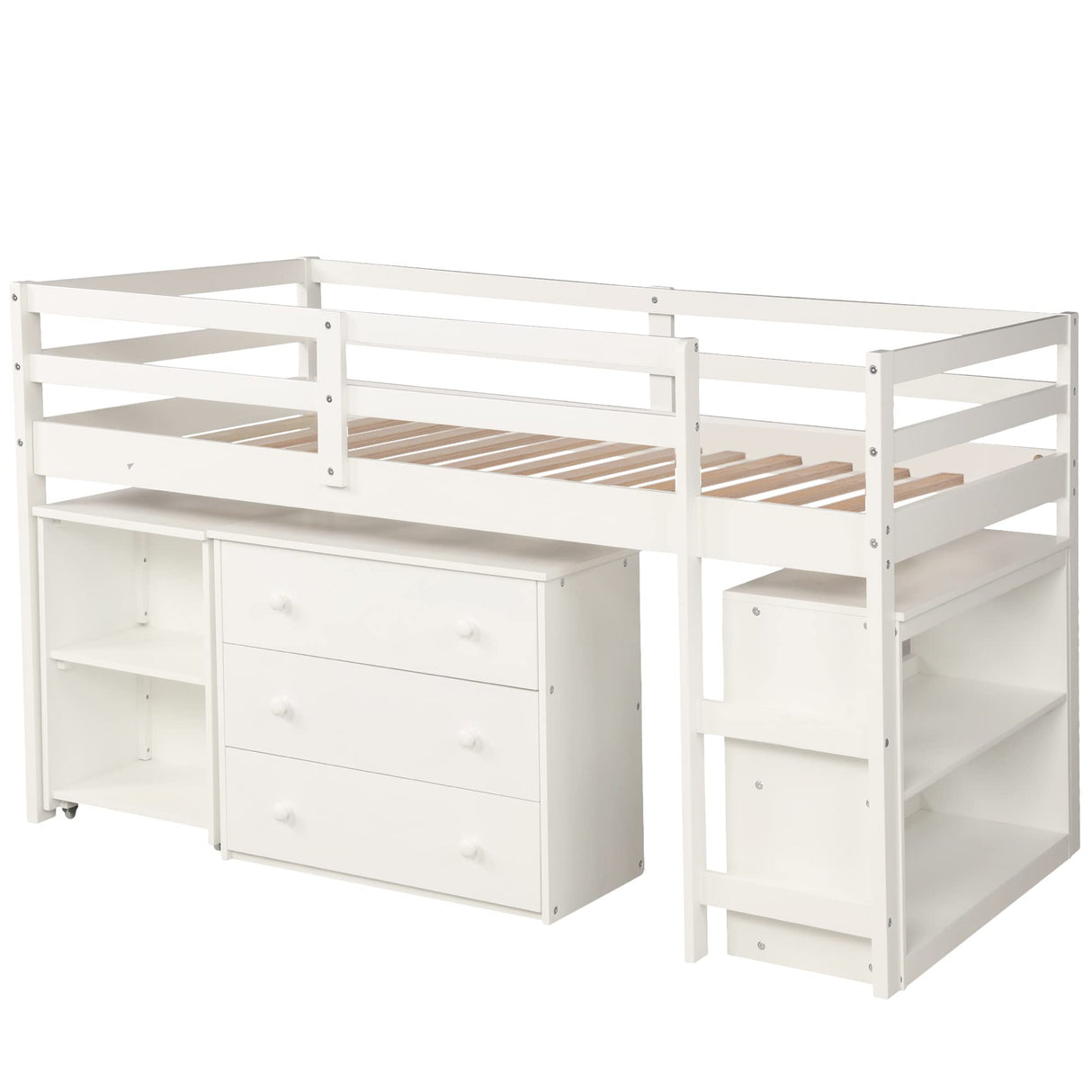 Twin Loft Bed with Desk Low Study Kids Twin Loft Bed with Storage Drawers, Low Loft Bed Twin for Kids Twin Loft Bed with Safety Guard Rails and Bookcase Shelf (White, Twin Loft with Desk) Harper & Bright Designs