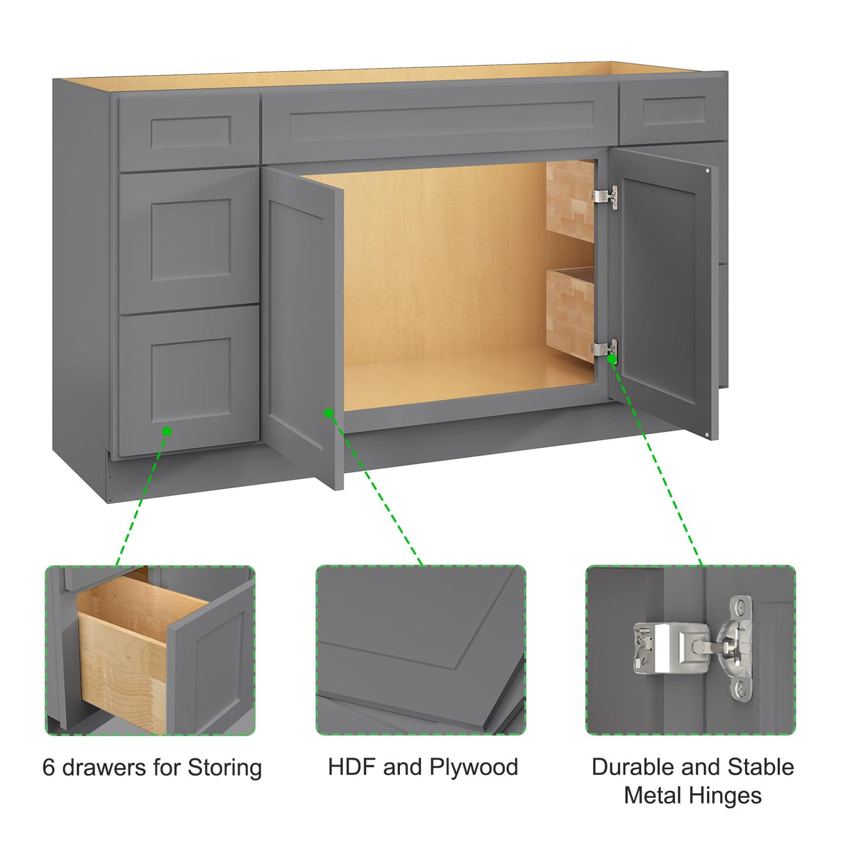 ROOMTEC 60" Assembled Bathroom Vanity Double Drawer Base Cabinet with Soft-Close Door & 6 Drawers, Large Capacity Single Sink for Laundry, Kitchen, Shower & Utility Rooms ROOMTEC