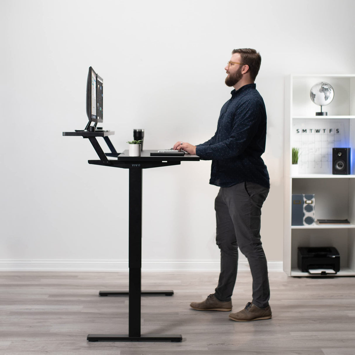 VIVO Electric 2-Tier Height Adjustable 55 x 30 inch Stand Up Desk, Dual Tier Adjustable Shelf Table Top, Standing Workstation with Memory Controller, Home and Office Furniture, Black, DESK-KIT-1B2TB VIVO