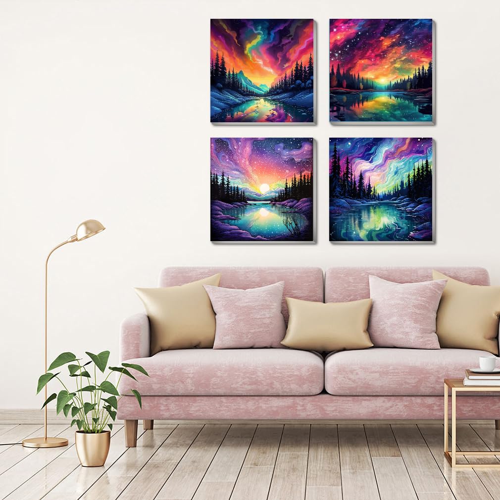 FQOVKYN 4 Pack Landscape Paint by Number for Adults Framed Canvas, DIY Aurora Arts and Crafts for Adults Beginner with Paint Brushes, Acrylic Paint Set for Home Wall Decor, 8 * 8 Inch FQOVKYN