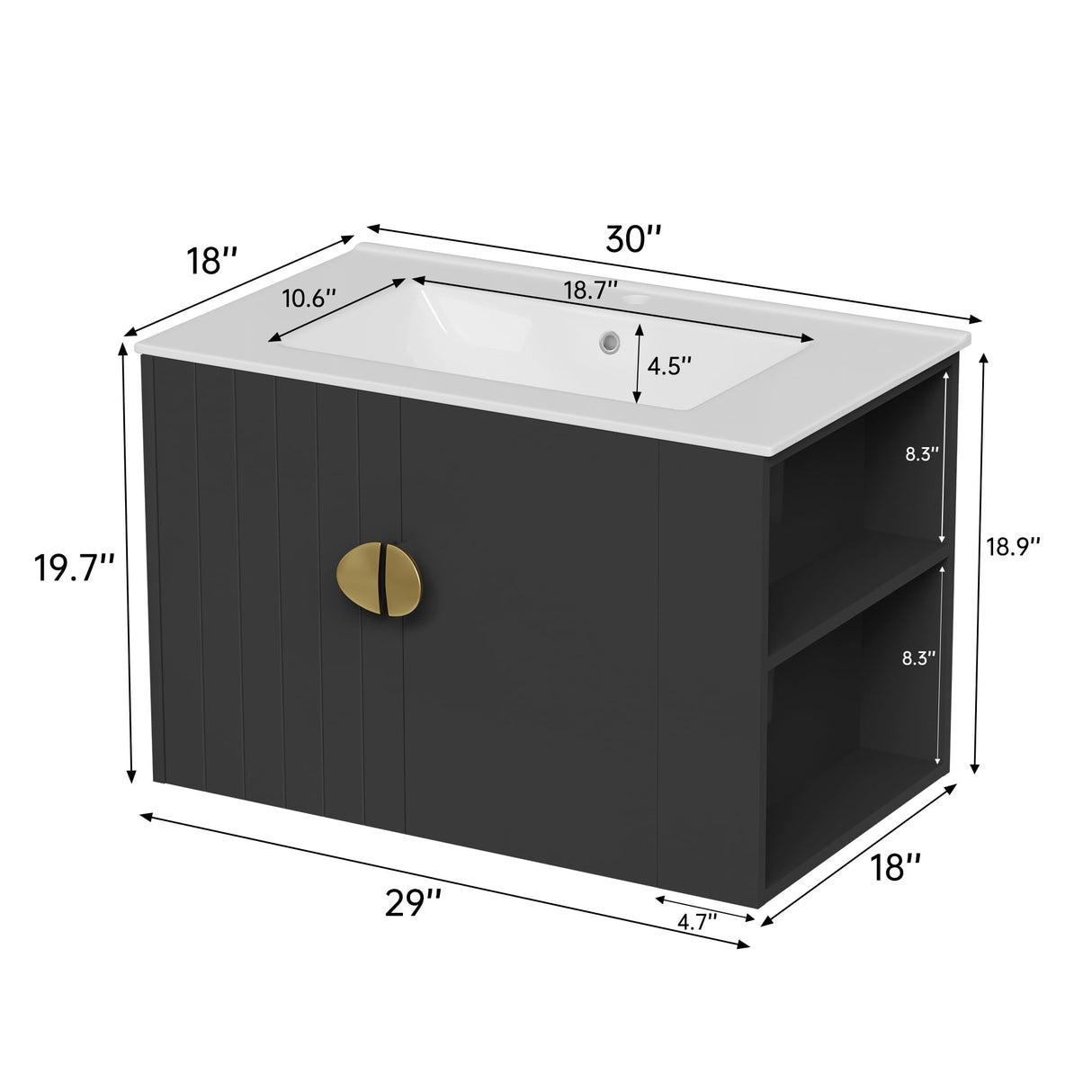 Findepot 30 Inch Floating Vanity Bathroom with Sink, Black Bathroom Vanity Cabinet Combo with Ceramics Sink Top, Soft Close Cabinet Door & Open Storage Right Shelf, Modern Wall Mounted Vanity Findepot