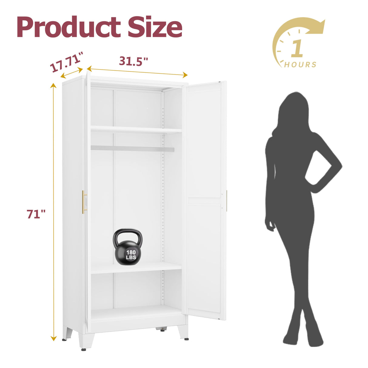 GAIOUS Metal Wardrobe Cabinet with Hanging Rod, 71" Metal Clothing Storage Cabinets with 2 Doors and Adjustable Shelves, White Armoire Wardrobe Closet for Bedroom, Laundry Room, Cloak Room GAIOUS