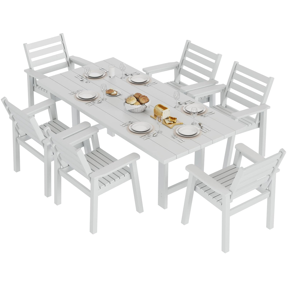 AMERLIFE 7-Piece HDPE Outdoor Dining Table Set with 6 Chairs, 71" L Patio Dining Furniture Set with Umbrella Hole, Modern Dinner Table & Chairs Set for Garden, Backyard, Poolside, White AMERLIFE