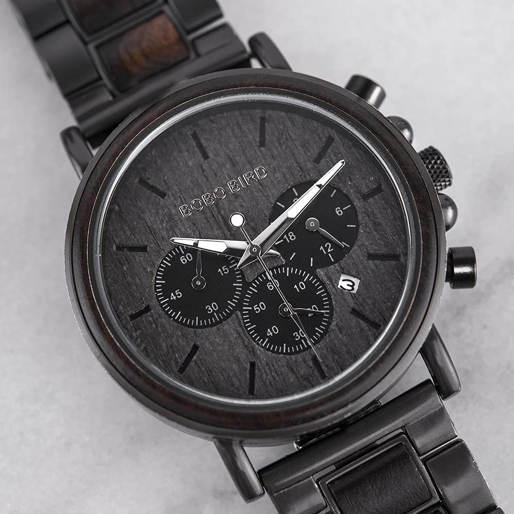 BOBO BIRD Mens Wooden Watches Business Casual Wristwatches Stylish Ebony Wood & Stainless Steel Combined Chronograph BOBO BIRD
