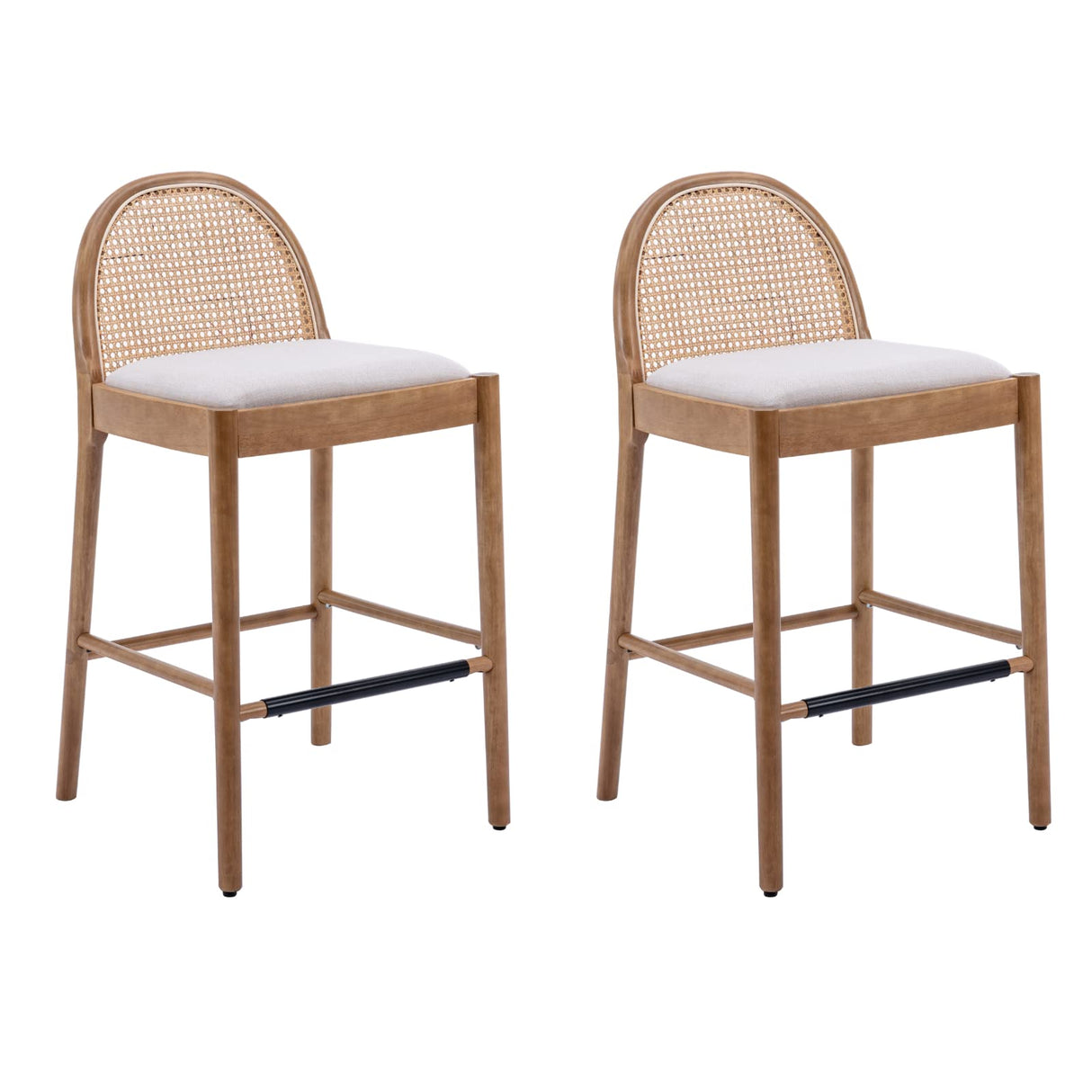 HEAH-YO Modern Bar Stools Set of 2, 30 Inches Counter Height Bar Stools with Rattan Backrests and Wood Legs, Comfy Linen Fabric Kitchen Stools for Island, Beige HEAH-YO