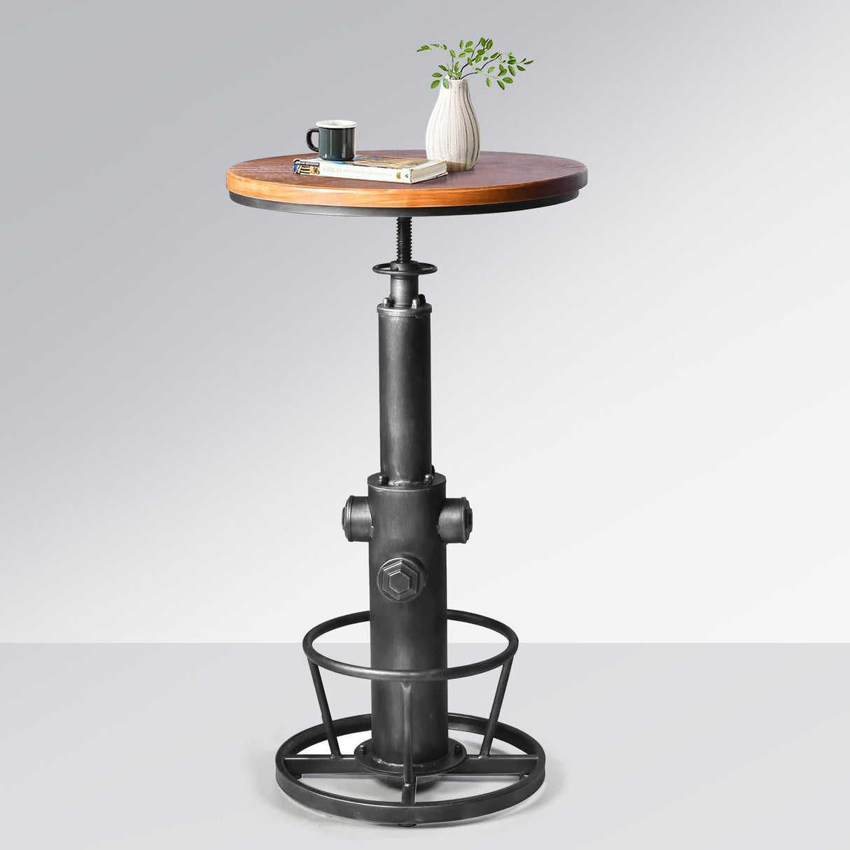 BOKKOLIK Industrial Bistro Bar Table 38.6-44.4inch Height Adjustable Farmhouse Pub Table for Kitchen Dinning Room Office Swivel Wooden Top BOKKOLIK