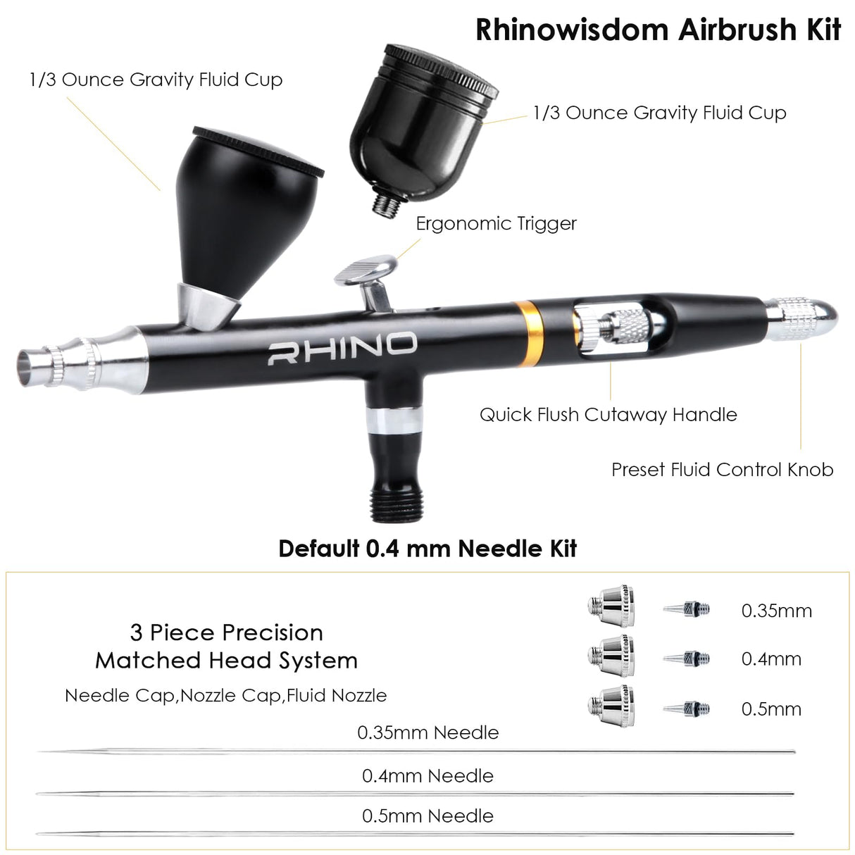 Rhinowisdom Airbrush Kit - Airbrush Gun Set Dual-Action Gravity Feed with 0.35, 0.4 & 0.5mm Needle Sets - Air Brush Set with 2 1/3 oz Replacement Cups for Nails Model Painting Cake Tattoo Makeup rhinowisdom