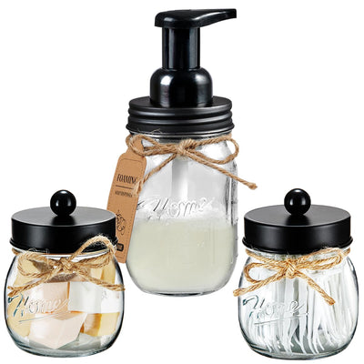 SheeChung Bathroom Accessories Set - Mason Jar Foaming Hand Soap Dispenser, Qtip Holder Set, Rustic Farmhouse Decor, Apothecary Jars, Bathroom Countertop Organizer - Black