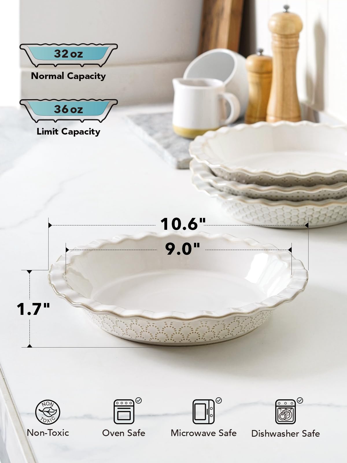 LE TAUCI Pie Pans for Baking 9 Inch, Ceramic Pie Plate for Apple Pie, Round Baking Dish Oven Safe, Embossment Housewarming Wedding Present - 36 OZ, Set of 2, Fireworks + Honey Comb, Arctic White LE TAUCI