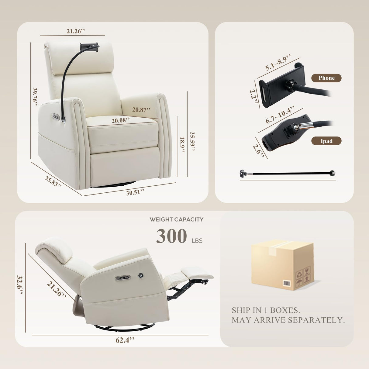 COLAMY Modern Electric Power Swivel Recliner Chair, Beige Leather, 270 Swivel 145 Recline, Built-in Charging Ports, Adult Relaxing Chair COLAMY