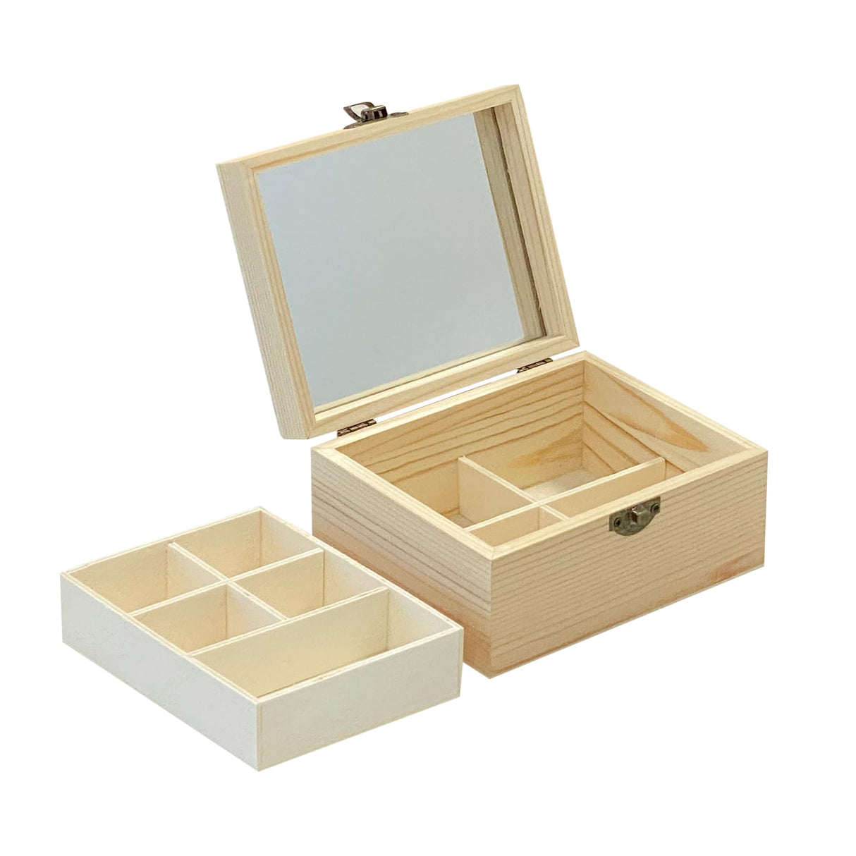 3 Pack Unfinished Surface Wood Jewelry Box (6x4.7x3 in) Small Wooden Chest Case with Glass Mirror Cregugua