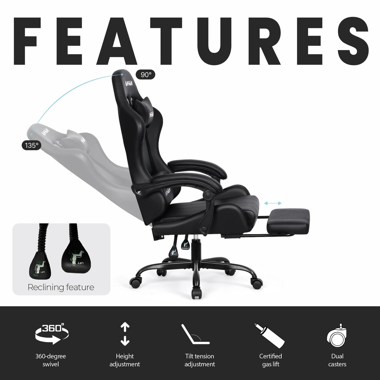 N-GEN GAMING Video Gaming Chair with Footrest High Back Ergonomic Comfortable Office Computer Desk with Lumbar Support Height Adjustable with PU Leather Recliner for Adults Women Men (Black) N-GEN GAMING