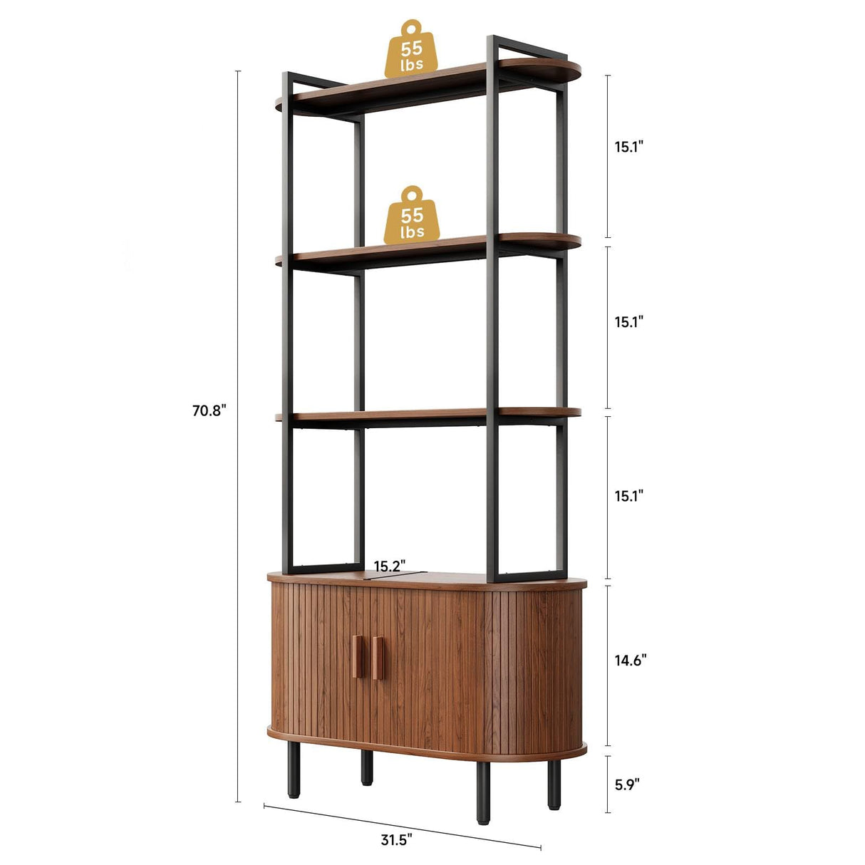 71" Tall Fluted Bookshelf with Sliding Tambour Doors, 4-Tier Mid Century Modern Metal Bookcase Cabinet w/Open Display Storage Shelf, Display Cabinet for Office, Living Room Walnut ComfyCorner