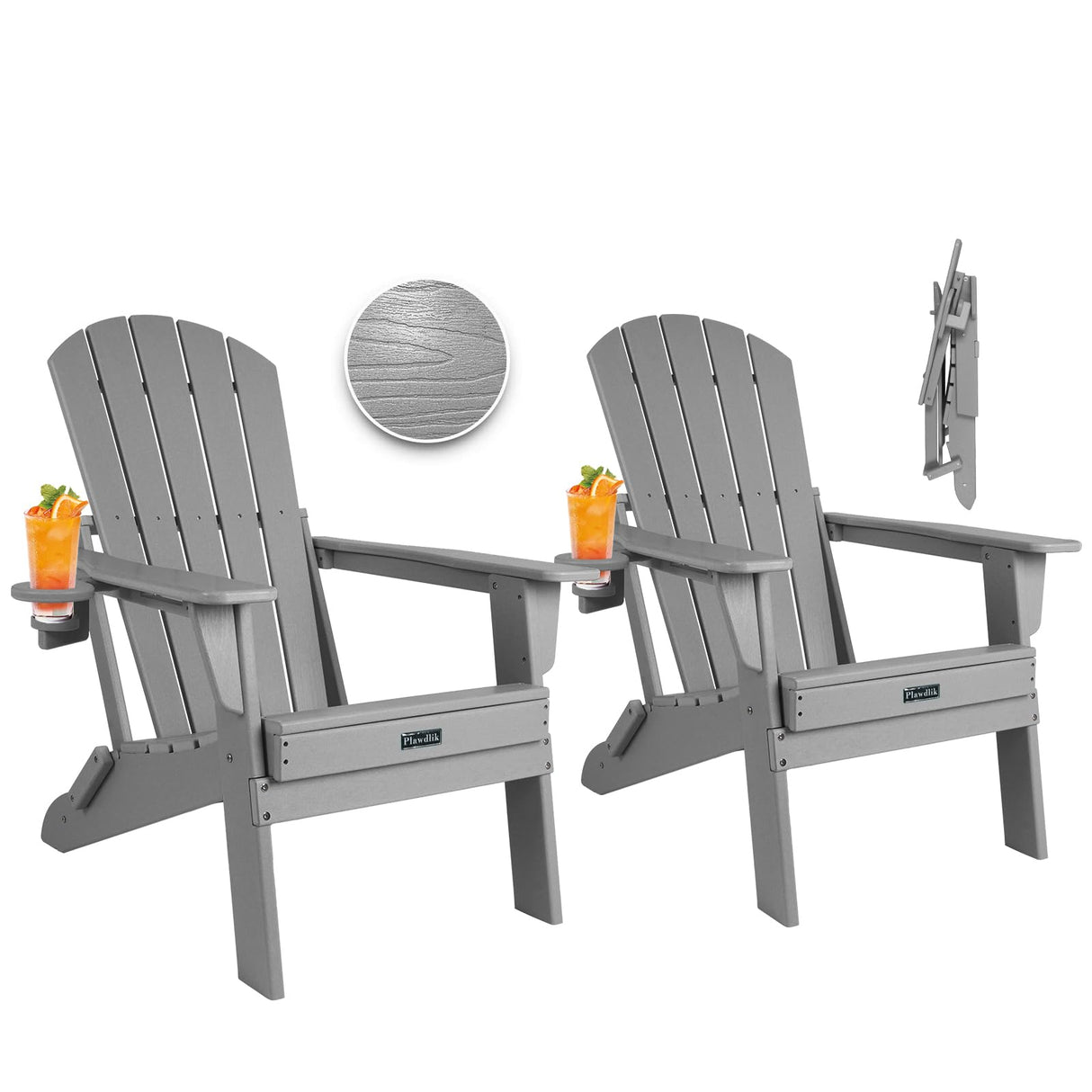 Plawdlik Folding Adirondack Chair, SGS Tested, Wooden Textured with Cup Holder, Heavy All-Weather HDPE Comfortable Set Poolside Backyard Lawn Grey set 2 Plawdlik