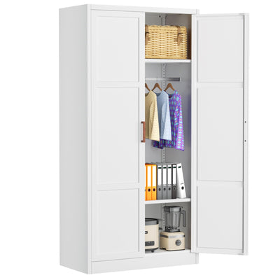 Bonusall Metal Wardrobe Cabinets with Single Rod and 2-Shelves, 70" Heavy-Duty Steel Clothing Storage Cabinets with 2 Doors, White Armoire Wardrobe Closet for Bedroom, Laundry Room or Living Room